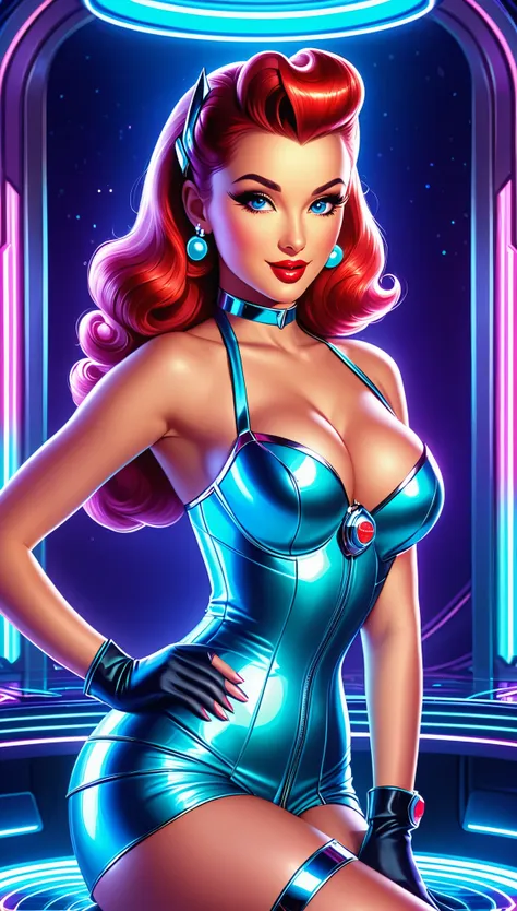 generate a hyperrealistic image capturing the essence of a futuristic pin-up girl, seamlessly blending classic 1950s charm with ...