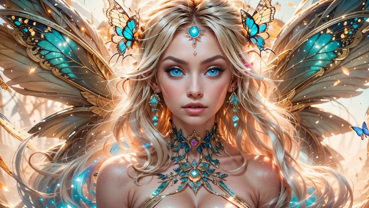 (Beautiful woman, detailed makeup, detailed facial features, Glowing blue eyes, seductive expression, blonde hair, large breasts:1.3, realistic elf ear, four fingers on each hand, detailed fingers, proportional hands, massive butterfly wings in the center ...