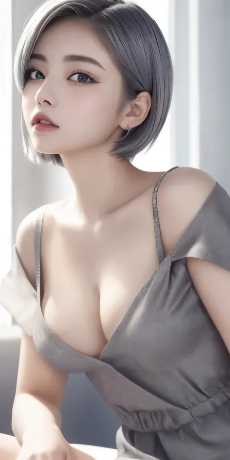 ((wallpaper 8k)), ((surreal)), ((Quality with attention to detail:1.2)), 1 girl, １４talent、kind eyes、plump lips、Ash gray hair、An ennui look、(((small breasts、small breasts、areola:1.1、nipple)))、black classy dress,Black capelet, look up, Widespread poverty, sh...