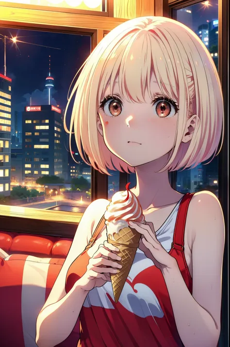 chisato nishikigi, short hair, bangs, blonde, (red eyes:1.5), bobcut,smile,open your mouth,sweat,red tank top,red string underwe...