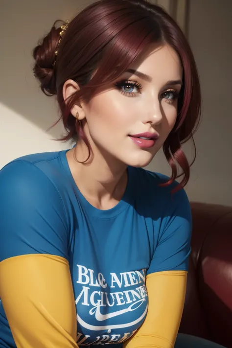 Lucy Pinder, face portrait, beautiful face, smiling, voluptuous woman, ((very intense makeup)), ((bright lipstick)), short hair, maroon hair, hair in a bun, long sleeve t-shirt, t-shirt blue, light blue jeans