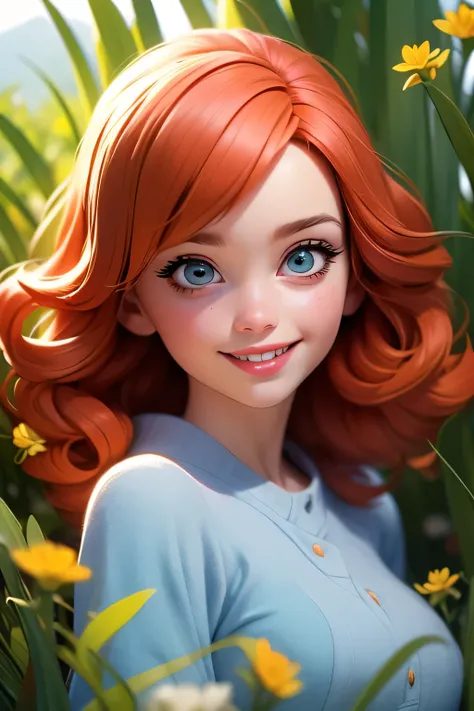 (best quality, 4k, 8k, highres, masterpiece:1.2), ultra-detailed, (realistic, photorealistic, photo-realistic:1.37), playful, cartoon, girl, cute smile, red hair, outdoor, 3d rendering, beautiful detailed eyes, beautiful detailed lips, extremely detailed e...