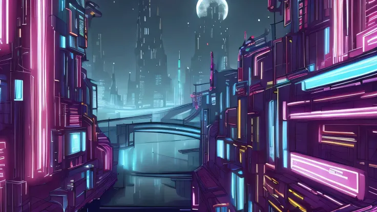 a futuristic punk city with a lot of buildings and neon lights, a train crossing the city with neon lights, the moon is in the sky and there are a lot of stars, a river is crossing the city