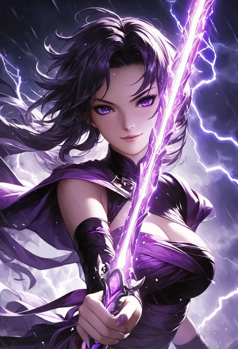 masterpiece, best quality, extremely detailed CG unity 8k wallpaper, A purple sword wrapped in lightning. It is extremely precisely made. An illustration of a cool girl holding an incredibly precise, high-definition, sharp, glowing sword. wearing . The swo...