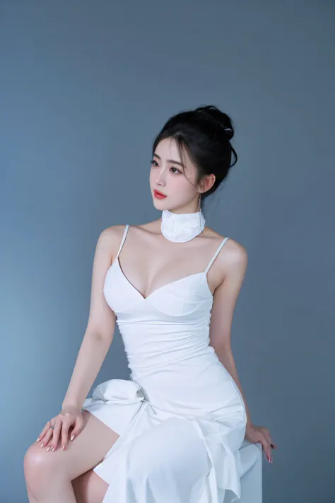 arafed woman in a white dress sitting on a stool, a beautiful woman in white, dilraba dilmurat, in white clothes, wearing white camisole, yun ling, gorgeous chinese model, Yoshitomo Nara, full body xianxia, wearing white leotard, lovely woman, xintong chen