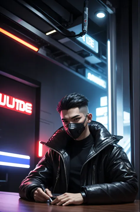 Create a character "cyberpunk wearing mask," to serve as host of a YouTube channel, have him sit at a table and talk into a microphone.