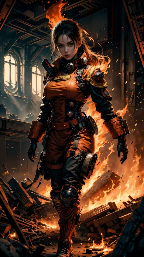 a sexy fire fighter, anime style. walking through a building on fire, rotten and burnt, (traje de bombero, traje de bombero:1.4)...