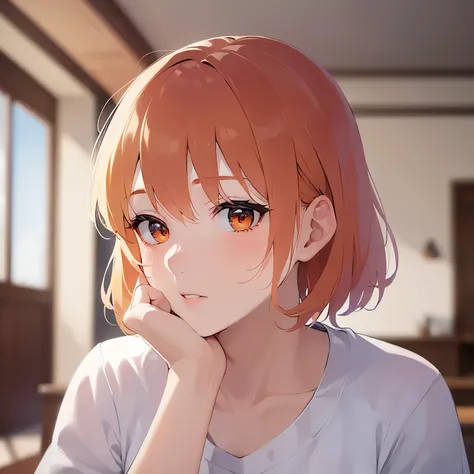 (hand on own cheek:1.5)、（looking away:1.5),Side shot,
 Realistic, real person, (pale skin: 1.2), RAW photo, photorealistic, shiny skin, shiny hair、(A 25-year-old woman with a bob cut and bangs) and (orange hair) and (Orange Eyes) , Wearing a white V-neck T...