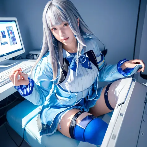 

,(((Liz Hellesta))),gameroomconcept,PC Desk,((Gaming Chair)),Pay,Game Controller,keyboard,((Looking at the smartphone in his hand)),vtuber,Game Now Streaming,((White Delivery Room)),(Liz HellestaHair)，((Dressed seriously)),(((Do not expose breasts))),mas...