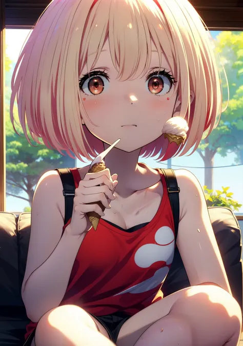  Chisato Nishikigi, short hair, bangs, Blonde, (Red eyes:1.5), Bobcut,smile,Open your mouth,Sweat,Red Tank Top,Shorts,barefoot,barefoot,Sitting on the sofa,Holding an ice cream in one hand,Eating ice cream,Daytime,True Summer,whole bodyがイラストに入るように,
break o...