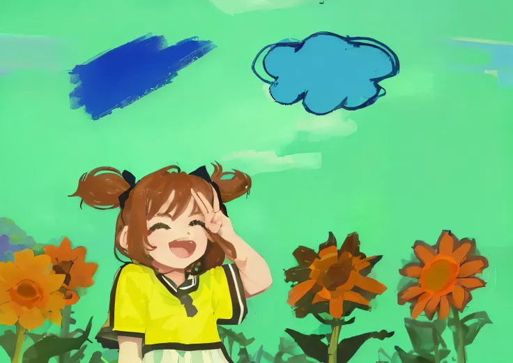 Park background, 1 5 year old girl, There are clouds in the sky, Flowers and fields spread out next to the child.,  with pigtails, The hand is making a V.