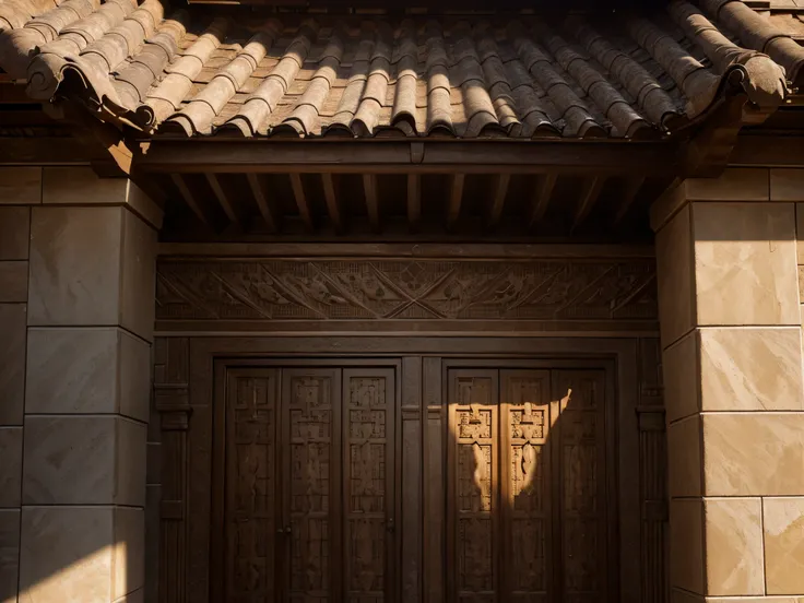 detailed roof, detailed architecture, intricate patterns, ornate design, weathered tiles, sunlight and shadows, high resolution, photorealistic, 8k, masterpiece, cinematic lighting, dramatic atmosphere, warm color tones, architectural photography