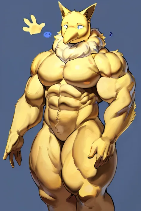 Furry, Anthro, Hypno, Male, Standing, (((muscular body, massive thighs, massive biceps, massive male pectorals, fluffy neck))), ((((wide-eyed, confused, looking at viewer, waving hello)))), ((((((massive bulky torso)))))), naked, Plain background, by buta9...