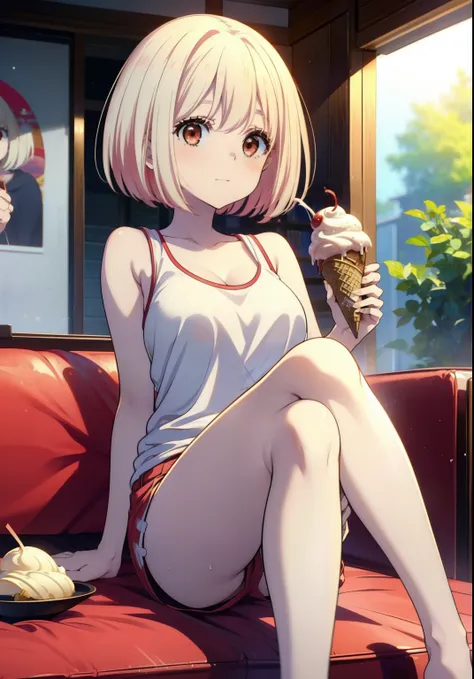  Chisato Nishikigi, short hair, bangs, Blonde, (Red eyes:1.5), Bobcut,smile,Open your mouth,Sweat,Red Tank Top,Shorts,barefoot,barefoot,Sitting on the sofa,Holding an ice cream in one hand,Eating ice cream,Daytime,True Summer,whole bodyがイラストに入るように,
break o...