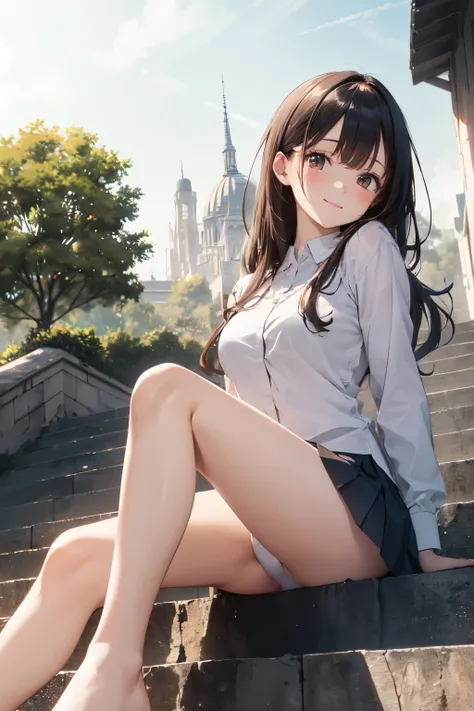 very cute and beautiful girl,(Very detailed美しい顔), (smile),blush,Black Hair,Seraphim,(White Shirt、Pleated navy blue pread your legs),Sitting、(From below),(Lacy white panties), Stairs in the park、Distant Tree々and the city, (Highest quality,masterpiece:1.0),A...