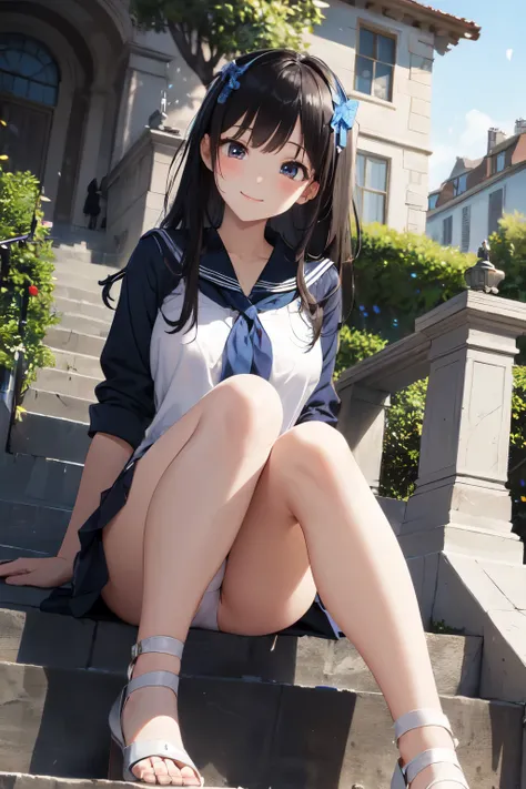 very cute and beautiful girl,(Very detailed美しい顔), (smile),blush,Black Hair,Seraphim,(Pleated navy blue pread your legs),Sitting、(From below),(Lacy white panties), Stairs in the park、Distant Tree々and the city, (Highest quality,masterpiece:1.0),Absurd,High r...