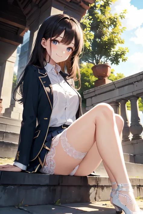 very cute and beautiful girl,(Very detailed美しい顔), (smile),blush,Black Hair,Seraphim,(White Shirt、Pleated navy blue pread your legs),Sitting、(From below),(Lacy white panties), Stairs in the park、Distant Tree々and the city, (Highest quality,masterpiece:1.0),A...