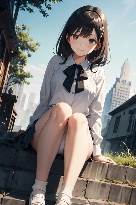 very cute and beautiful girl,(Very detailed美しい顔), (smile),blush,Black Hair,Seraphim,(White Shirt、Pleated navy blue pread your legs),Sitting、(From below),(Lacy white panties), Stairs in the park、Distant Tree々and the city, (Highest quality,masterpiece:1.0),A...