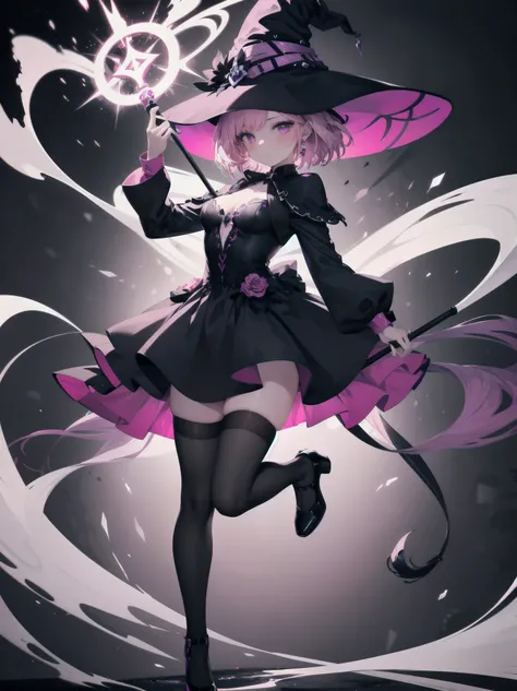 Masterpiece composition: A solo female figure, alone in the center of a high-contrast, cinematic frame. Pink-haired beauty stands out against a dark background, her magenta-hued long sleeve and dress radiating an otherworldly aura. The slit dress reveals a...