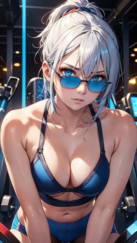 最high quality、Best image quality、masterpiece、With a girl((cute、20-year-old、Best Bust、Medium Bust、Bust 85,Beautiful Blue Eyes、Spread your chest wide,Short silver hair、Slender、The best valley、、Blue Bikini、,Show the whole body、Black perforated gloves,Blue Mes...