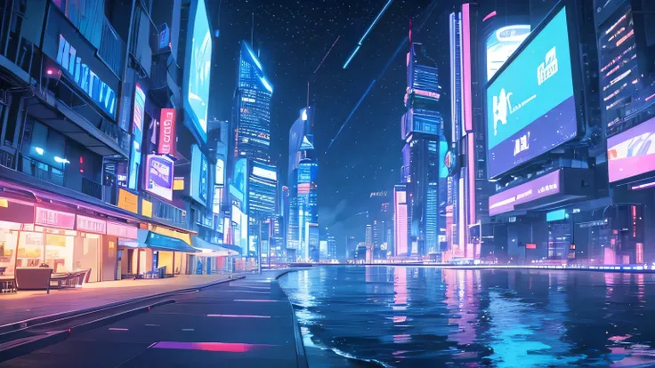 a beach with a coast and futuristic buildings with neon lights, stars and clouds, its in the night with the sky, the moon and clouds, purple and blue