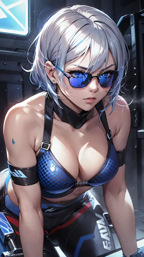 最high quality、Best image quality、masterpiece、With a girl((cute、20-year-old、Best Bust、Medium Bust、Bust 85,Beautiful Blue Eyes、Spread your chest wide,Short silver hair、Slender、The best valley、、Blue Bikini、,Show the whole body、Black perforated gloves,Blue Mes...