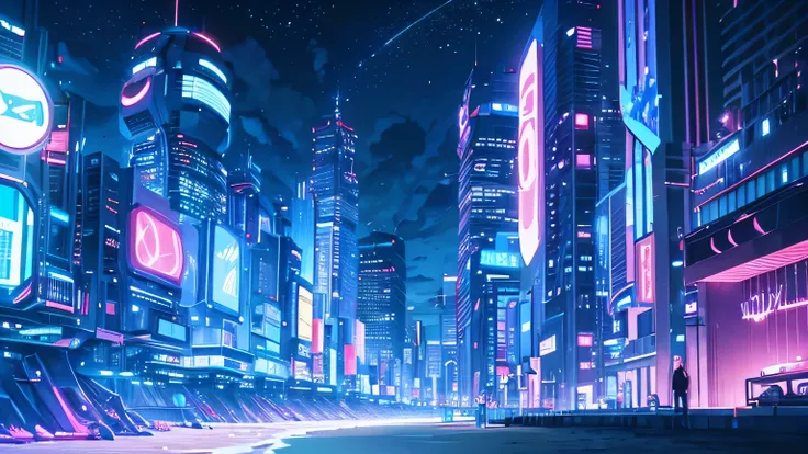 a beach with a coast and futuristic punk buildings with neon lights, stars and clouds, its in the night with the sky, the moon and clouds, purple and blue