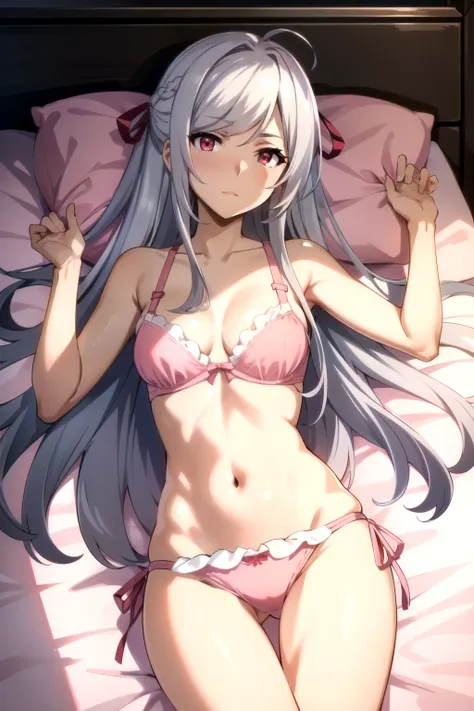 (best quality), (high quality), (sterpiece), (detailed), (high resolution), (alexia midgar), (faithfully), One gir, red eyes, long hair, very long hair, Silver hair,hair ribbon, sidelocks, (medium breastst), (pink frilled bra), (pink side tie panties), Lyi...