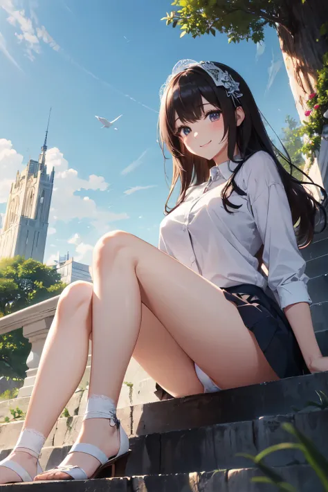 very cute and beautiful girl,(Very detailed美しい顔), (smile),blush,Black Hair,Seraphim,(White Shirt、Pleated navy blue pread your legs),Sitting、(From below),(Lacy white panties), Stairs in the park、Distant Tree々and the city, (Highest quality,masterpiece:1.0),A...