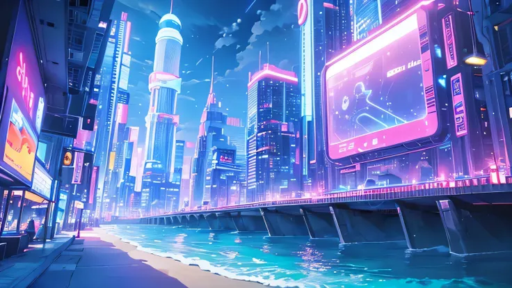 a beach with a coast and futuristic punk buildings with neon lights, stars and clouds, its in the night with the sky, the moon and clouds, purple and blue