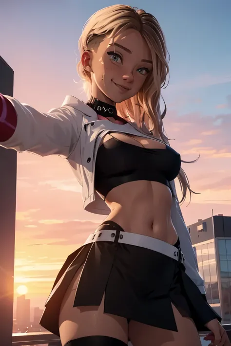 Top of building. Sunset. Skirt. Jacket. City. Hot girl. Top. Skirt. Horny. Underboob top. Legs wide open. Smile. Sweaty. Selfie. Underboob. Fashion. Goth.