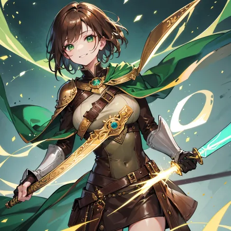 Hd, 4k, Beautiful girl, short hair, brown hair, green eyes, smiling, brown and green leather clothing with cape, sword in hand