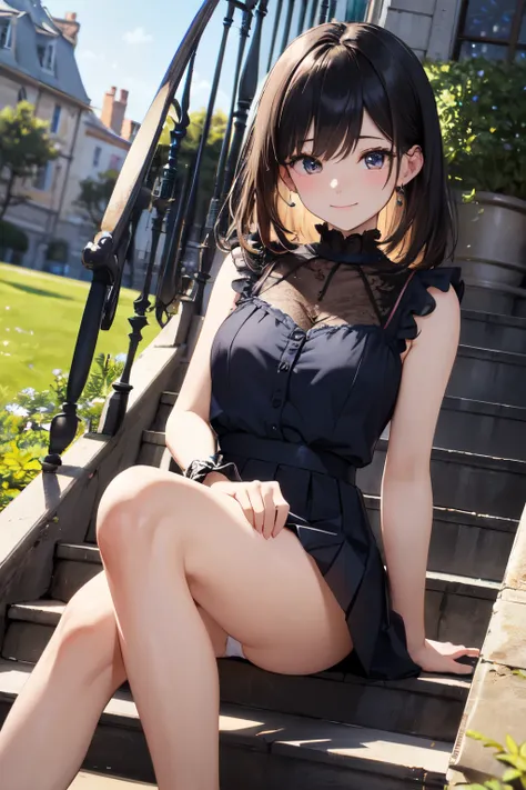 very cute and beautiful girl,(Very detailed美しい顔), (smile),blush,Black Hair,Seraphim,(Pleated navy blue pread your legs),Sitting、(From below),(Lacy white panties), Stairs in the park、Distant Tree々and the city, (Highest quality,masterpiece:1.0),Absurd,High r...