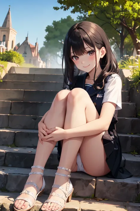 very cute and beautiful girl,(Very detailed美しい顔), (smile),blush,Black Hair,Seraphim,(Pleated navy blue pread your legs),Sitting、(From below),(Lacy white panties), Stairs in the park、Distant Tree々and the city, (Highest quality,masterpiece:1.0),Absurd,High r...