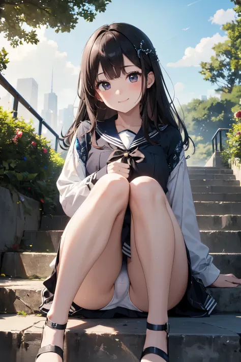 very cute and beautiful girl,(Very detailed美しい顔), (smile),blush,Black Hair,Seraphim,(Pleated navy blue pread your legs),Sitting、(From below),(Lacy white panties), Stairs in the park、Distant Tree々and the city, (Highest quality,masterpiece:1.0),Absurd,High r...