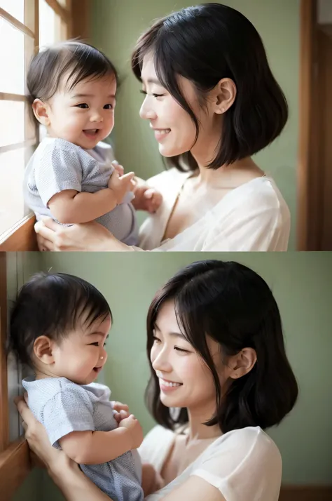 A Japanese woman in her 30s tenderly holds her two-month-old baby、Studio portraits that encapsulate the essence of motherhood。 . The scene is set against the backdrop of a house., Evoking comfort and family love、Capture intricate detail in the highest poss...