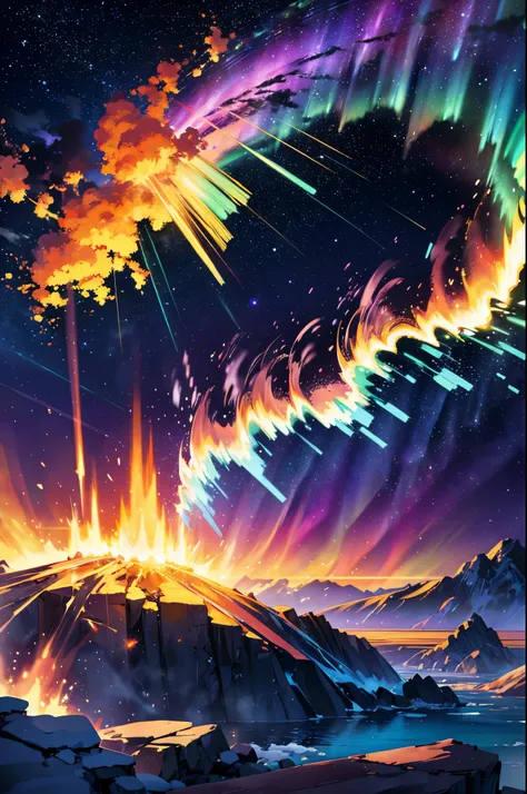 golden light, fire explosion, purple waves crashing behind, green and blue tornado, white blizzard, aurora borealis, flaming sun, flying rocks and ice, bright light, magic, sparkles, disastrous