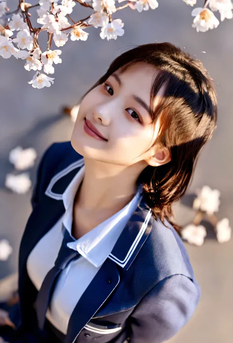 (Highest quality,masterpiece:1.3,Ultra-high resolution),(Very detailed,Caustics,8K),(Realistic:1.4,RAW shooting),1 Girl,(smile),(Looking up at cherry blossoms),18-year-old,cute,Japanese,Short black hair,(school uniform),glamorous,(big ),(Face Focus),street...