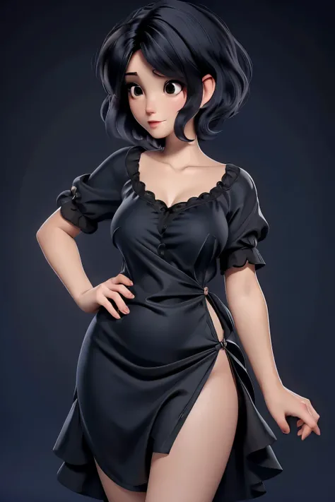 Sweet adorable and alluring hot and curvaceous anime babe sparsely clothed in a highly revealing and alluring goth nightgown short bob hairstyle wavy and alluring