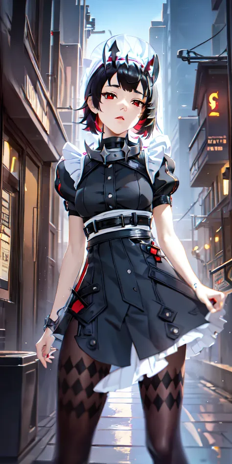 Anti-Joe, Ugly Joe, Black Hair, Colored undercoat, multicoloRed hair, (Red Eyes:1.3), Red hair, short hair, Two-tone hair,
rest bapron, black Pantyhose, black shirt, black skirt, ear punching, arrive, fish Tail, maid, maid apron, maid headdress, Pantyhose,...