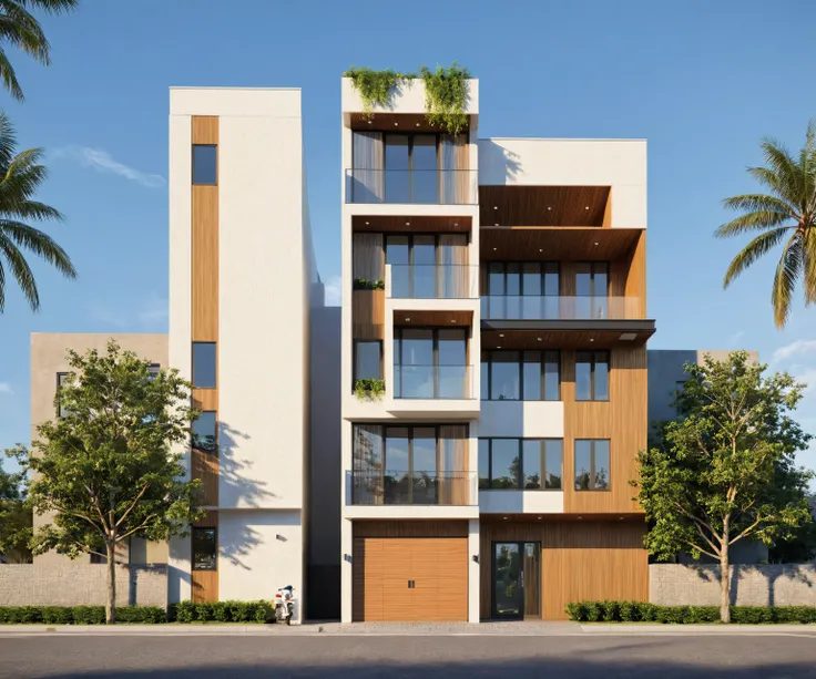 rendering of a building with a balcony and a balcony on the top floor, modern lush condo as shopfront, elevation view, building facing, street elevation, full building, frontview, front elevation view, mid-view, front-view, from street level, freddy mamani...