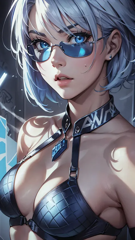 最high quality、Best image quality、masterpiece、With a girl((cute、20-year-old、Best Bust、Medium Bust、Bust 85,Beautiful Blue Eyes、Spread your chest wide,Short silver hair、Slender、The best valley、、Blue Bikini、,Show the whole body、Black perforated gloves,Blue Mes...