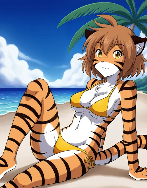 studioghibli, bikini, beach backround, masterpiece, high quality, breasts, furry female, tiger girl, solo, 1 girl, yellow eyes, ...