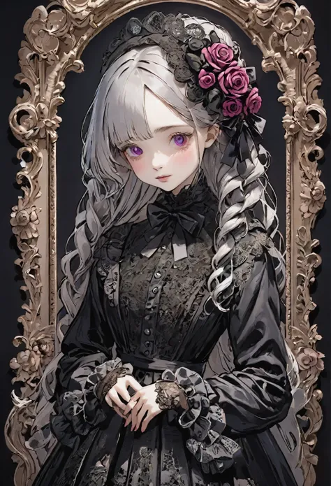 RAW Photos、Realistic、Highest quality、masterpiece、Beautiful gothloli Victorian girl, kawaii cute face, floral motifs, intricate details, braided hair, black lace, large doll-like eyes, dark fantasy, black color, neon-pink color, silver color, roses ribbons,...