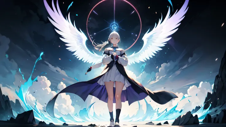 One girl, White Dress, ponytail ,Gray Hair, Purple eyes, magic circle, Blue Fire, Blue Flame,Hold your arms in front of your chest, Depth of written boundary, night, Particles of light, light, Side Lighting, Thighs, destiny (series), Open jacket, skirt, Kn...