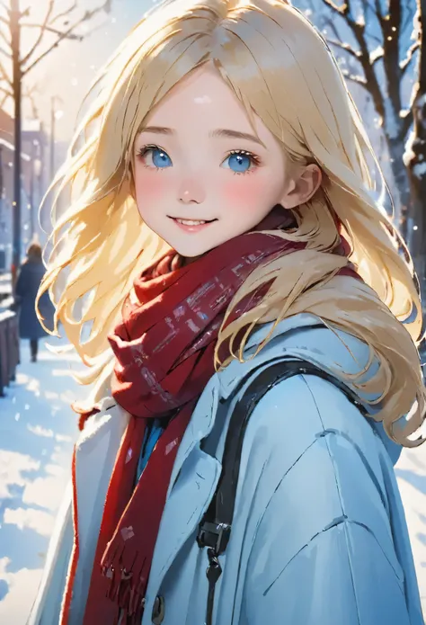 RAW Photos、Realistic、Highest quality、masterpiece、14 years old、Smiling girl in a duffle coat and 、Oversized duffle coat、Big scarf、((soft blonde hair:1.3))、cold morning、Red cheeks、I breathe、The world is about minus 5 degrees Celsius、Sparkling diamond dust、On...