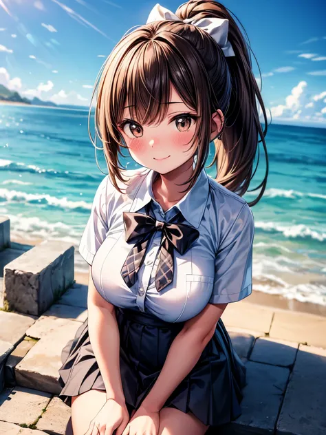 master piece, extremely detailed, high resolution, Haruba Negi style, girl, ponytail, brown hair, white short sleeve shirt, light blue bow tie, mid-bust, slim waist, diamond eyes, checkered mini skirt, crouched posture, smiling happily with closed mouth, g...