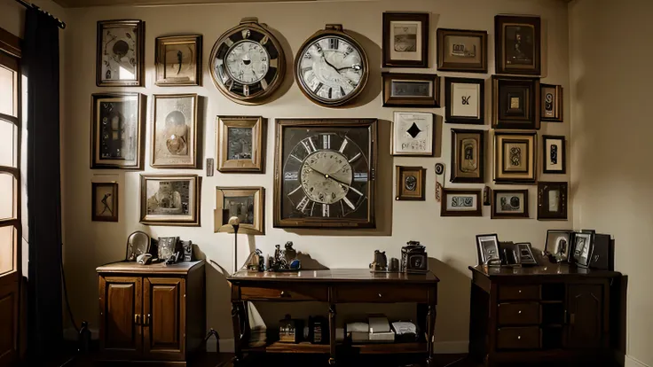 room full of clocks, so many clocks on the wall, photographic, high quality, darkness