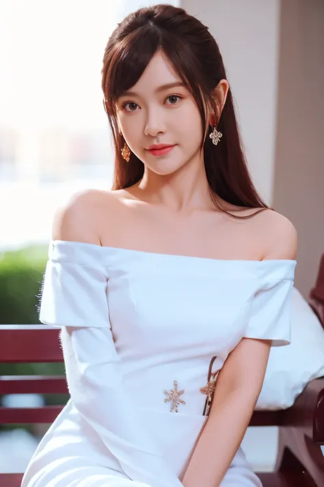 8k，tmasterpiece、quality、ultra - detailed、Master workarilyn Takiocus on the thighs and above，Clear face，（Best quality）， beuaty girl：1.5、((Red fluffy off-shoulder dress style))，long hair fluttering，Snowflake earrings、snowflakes falling、bblurry、the street，