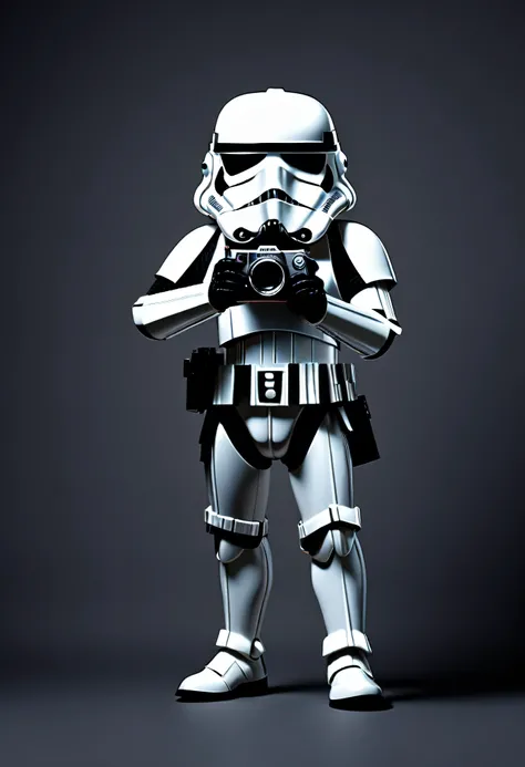 2D image, stormtrooper holding a photo camera, frontal view, full posture, solid black background